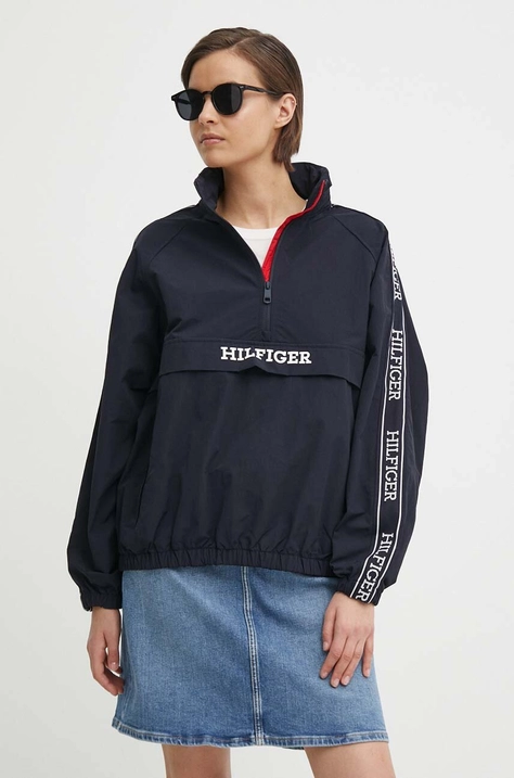 Bunda Tommy Hilfiger dámska,tmavomodrá farba,prechodná,oversize,WW0WW41507