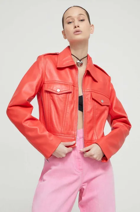 Шкіряна куртка Moschino Jeans жіноча колір червоний перехідна
