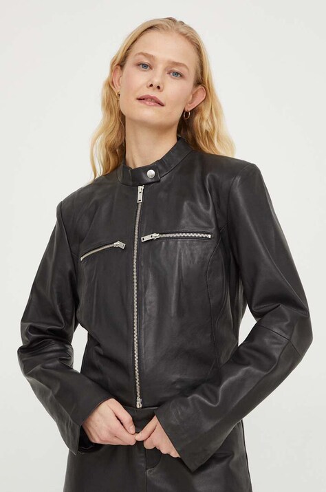 Kožená bunda Gestuz dámska,čierna farba,prechodná,10908764