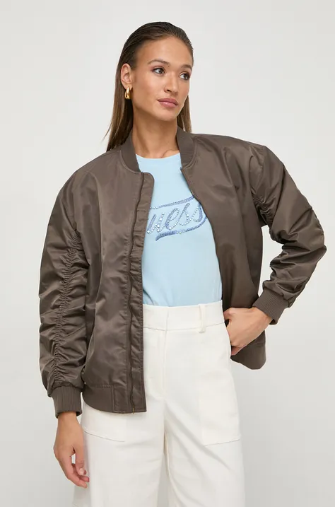Bomber jakna Guess za žene, boja: smeđa, za prijelazno razdoblje, oversize