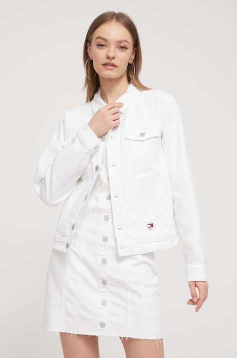 Džínová bunda Tommy Jeans dámská, béžová barva, přechodná, DW0DW17658