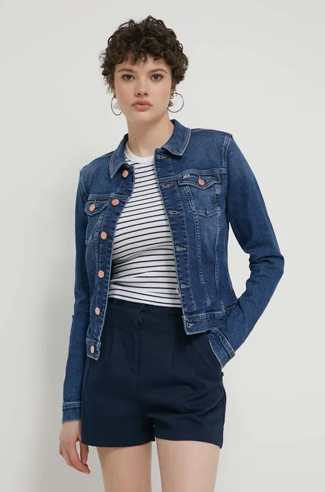 Traper jakna Tommy Jeans za žene, boja: tamno plava, za prijelazno razdoblje, DW0DW17959