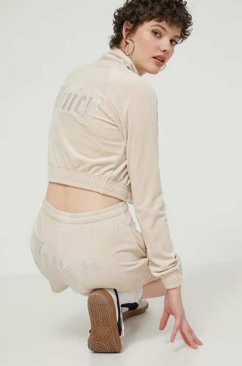 Velúrová mikina Juicy Couture béžová farba, s nášivkou