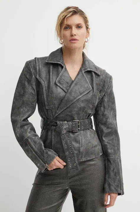 Kožená bunda Gestuz dámská, šedá barva, přechodná, 10909058