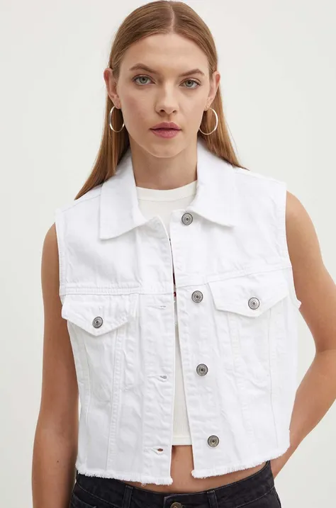 Abercrombie & Fitch vesta jeans femei, culoarea alb, un singur rand de nasturi