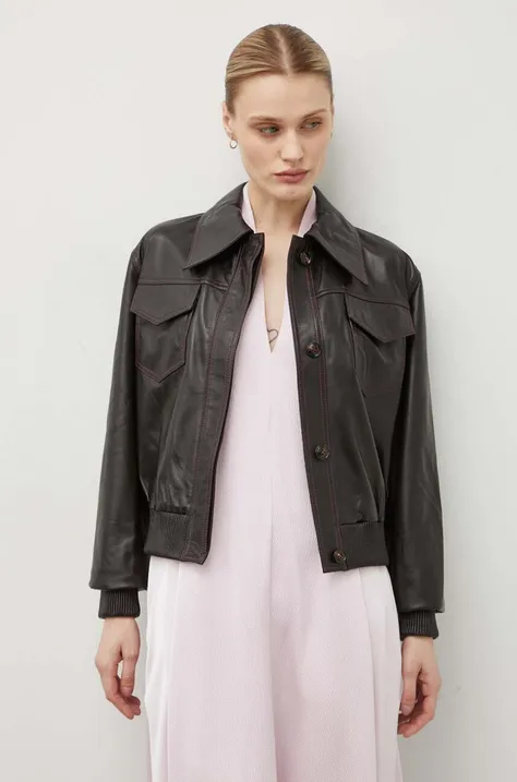Kožna jakna Remain za žene, boja: smeđa, za prijelazno razdoblje, oversize