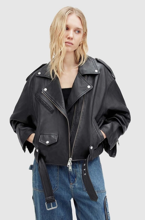 Kožená bunda AllSaints DAYLE BIKER dámská, černá barva, přechodná, WL557Z