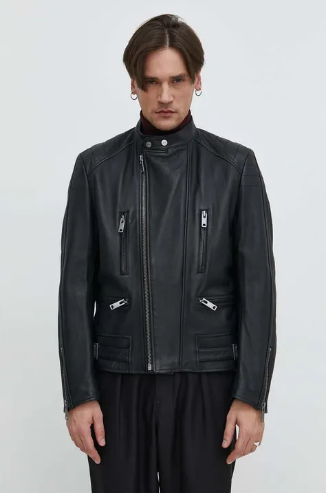 Шкіряна куртка HUGO чоловіча колір чорний перехідна