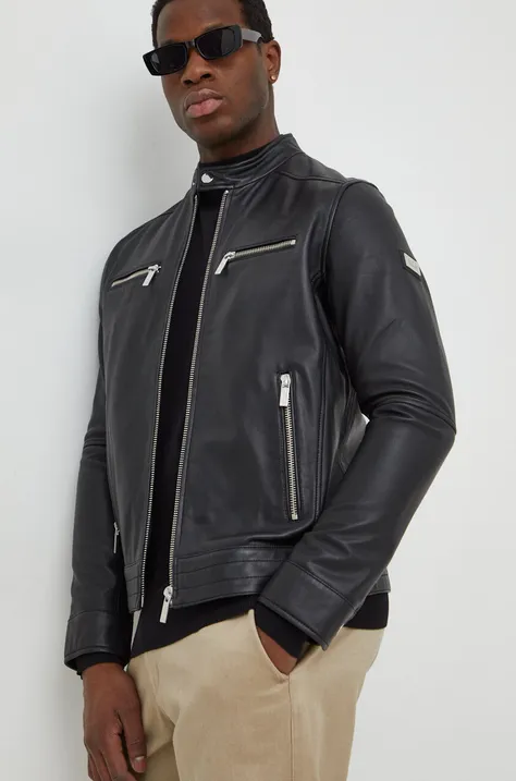 Kožna jakna Karl Lagerfeld za muškarce, boja: crna, za prijelazno razdoblje, 541422.555019