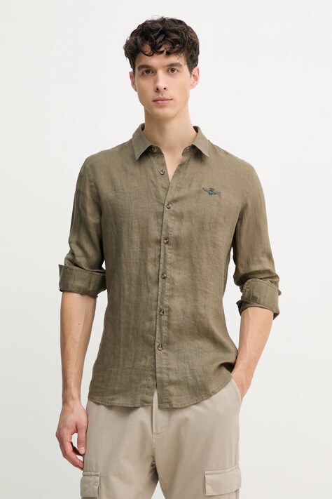 Lněná košile Aeronautica Militare zelená barva, regular, s klasickým límcem, CA1239CT3089
