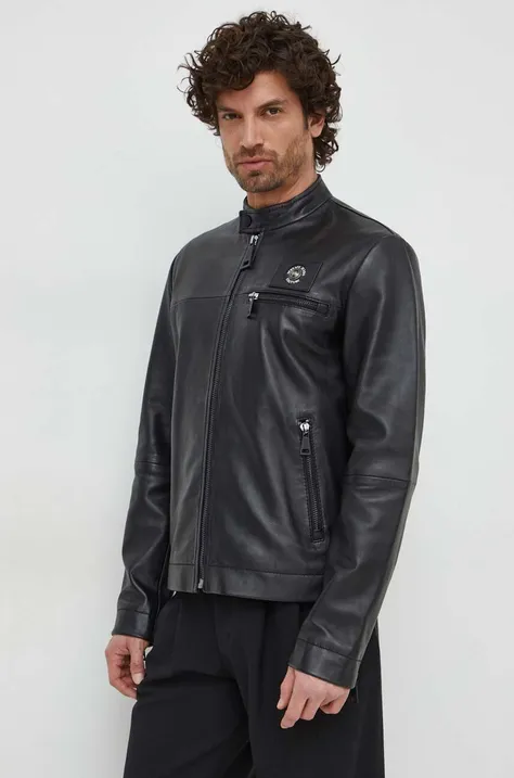Kožna jakna Versace Jeans Couture za muškarce, boja: crna, za prijelazno razdoblje