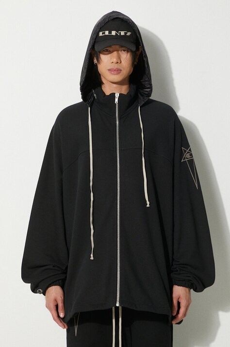 Rick Owens hanorac de bumbac x Champion Jumbo Windbreaker barbati, culoarea negru, cu glugă, cu imprimeu, CM01D0467