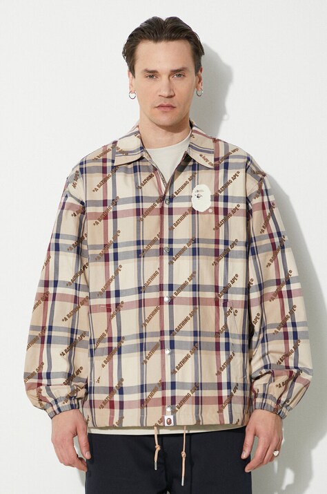 Bavlněná bunda A Bathing Ape A Bathing Ape Logo Check Pattern Coach Jacket béžová barva, 1J80140052