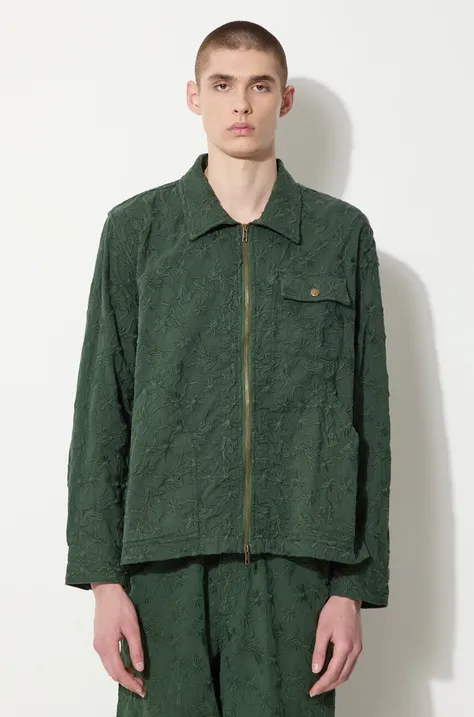 Bavlněná bunda Corridor Floral Embroidered Zip Jacket zelená barva, oversize, JKT0019