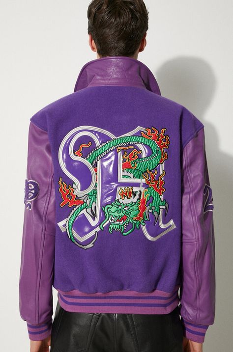 Vlněná bunda Awake NY Varsity Jacket fialová barva, přechodná, oversize, SP24-OT001