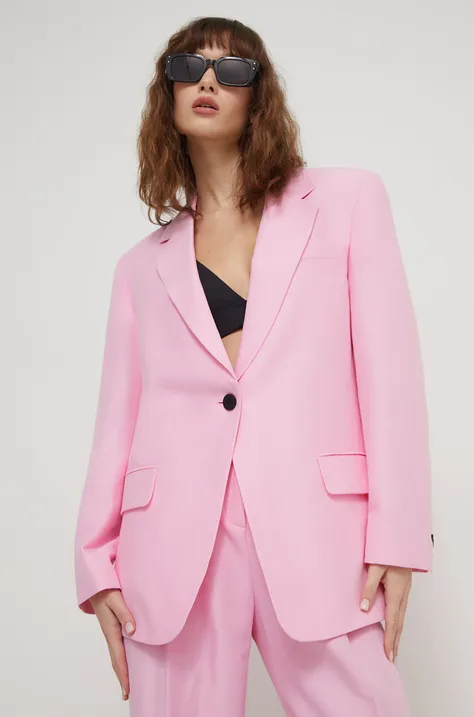 Піджак з домішкою льону HUGO колір рожевий однобортний однотонна