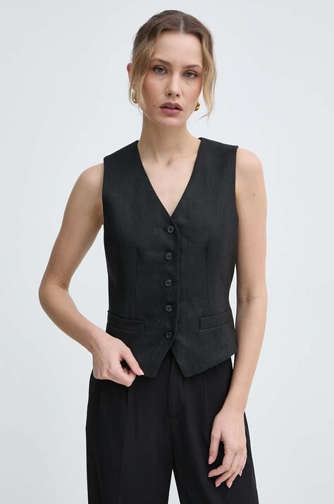 Weekend Max Mara vestă de in culoarea negru, un singur rând de nasturi, 2415151022600 2415150000000