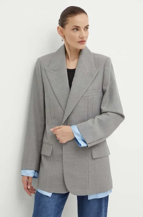 Vlnené sako Victoria Beckham šedá farba, jednoradové, jednofarebné, 1224WJK005379A
