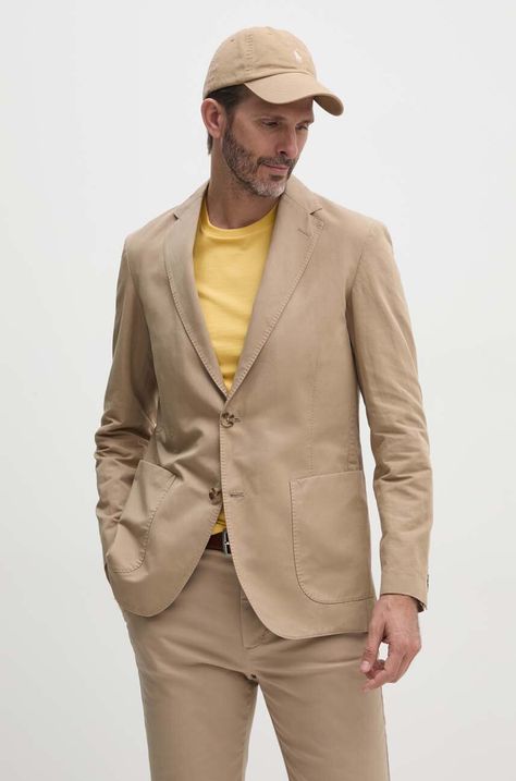 Blazer με μείγμα λινών Tommy Hilfiger χρώμα: μπεζ, MW0MW35212