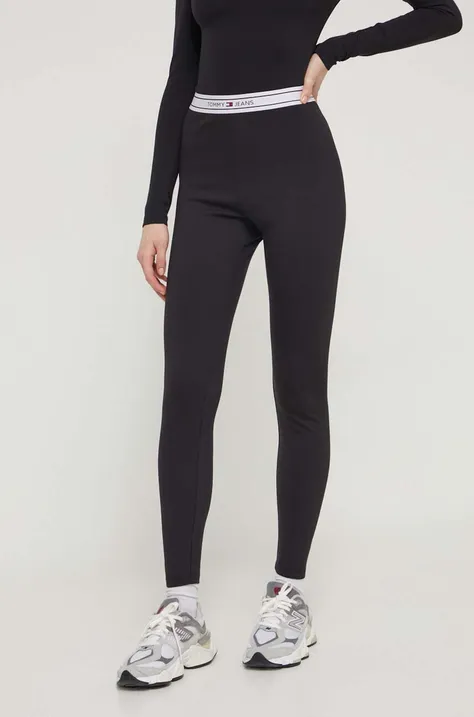 Legíny Tommy Jeans dámské, černá barva, s aplikací, DW0DW17770