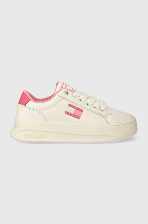 Δερμάτινα αθλητικά παπούτσια Tommy Jeans TJW CITY FLATFORM χρώμα: άσπρο, EN0EN02500