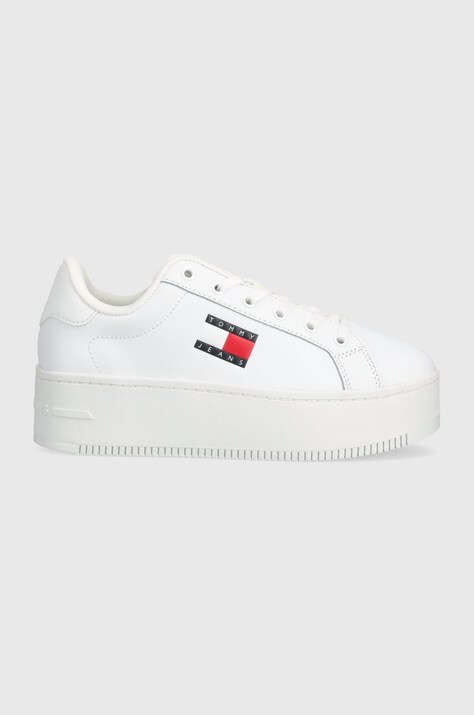 Kožené sneakers boty Tommy Jeans TJW FLATFORM ESS bílá barva, EN0EN02518