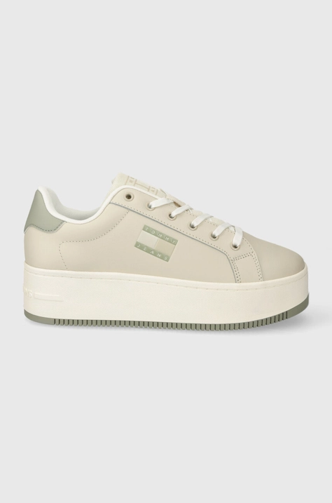 Kožené tenisky Tommy Jeans TJW FLATFORM ESS béžová farba, EN0EN02518