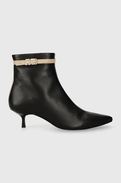 Kožené členkové topánky Tommy Hilfiger LEATHER POINTED BOOT dámske, čierna farba, na vysokom podpätku, FW0FW07680