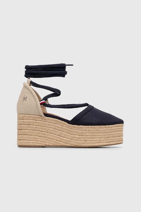 Tommy Hilfiger espadrile CLOSED TOE LINEN FLATFORM femei, culoarea albastru marin, toc pana, FW0FW07746