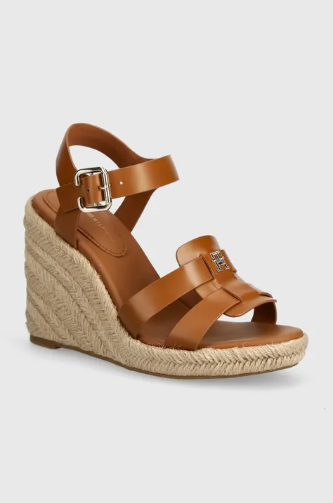 Tommy Hilfiger sandali in pelle ESPADRILLE HIGH WEDGE LEATHER colore marrone FW0FW07925