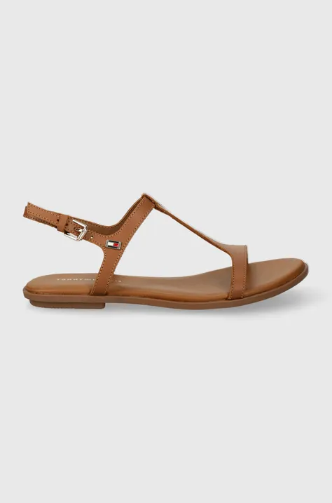 Kožené sandále Tommy Hilfiger TH FLAT SANDAL dámske, hnedá farba, FW0FW07930