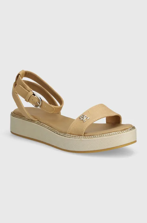 Tommy Hilfiger sandale LINEN WITH GOLD FLATFORM femei, culoarea bej, FW0FW08051