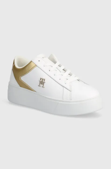 Δερμάτινα αθλητικά παπούτσια Tommy Hilfiger TH PLATFORM COURT SNEAKER GLD χρώμα: άσπρο, FW0FW08073