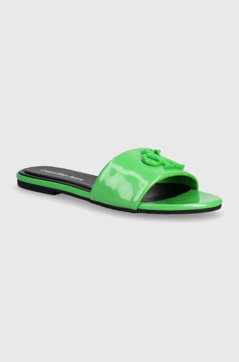 Calvin Klein Jeans papuci FLAT SANDAL SLIDE MG MET femei, culoarea verde, YW0YW01348