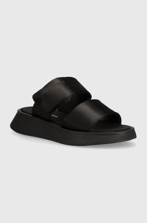 Šľapky Calvin Klein Jeans SLIDE DOUBLE STRAP SANDAL DC dámske, čierna farba, na platforme, YW0YW01355