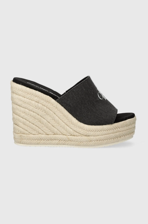 Calvin Klein Jeans papuci SLIDE WEDGE ROPE SANDAL ML BTW femei, culoarea negru, toc pana