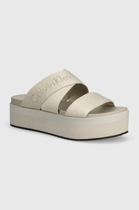 Шльопанці Calvin Klein Jeans FLATFORM SANDAL WEBBING IN MR жіночі колір бежевий на платформі YW0YW01361