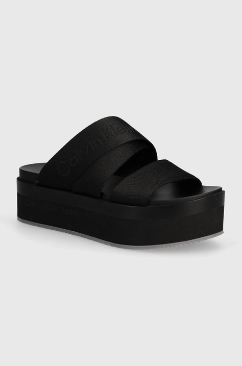 Natikači Calvin Klein Jeans FLATFORM SANDAL WEBBING IN MR ženski, črna barva, YW0YW01361