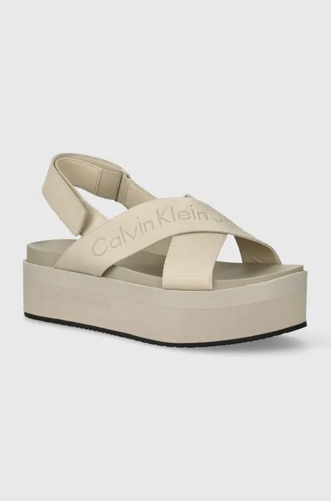 Calvin Klein Jeans sandale FLATFORM SANDAL SLING IN MR femei, culoarea bej, cu platforma, YW0YW01362