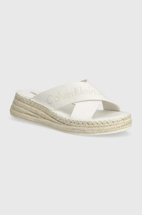 Calvin Klein Jeans papuci SPORTY WEDGE ROPE SANDAL MR femei, culoarea alb, toc pana, YW0YW01364