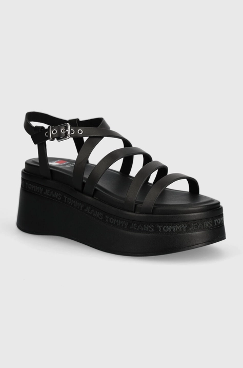 Kožené sandále Tommy Jeans TJW STRAPPY WEDGE SANDAL čierna farba, EN0EN02516