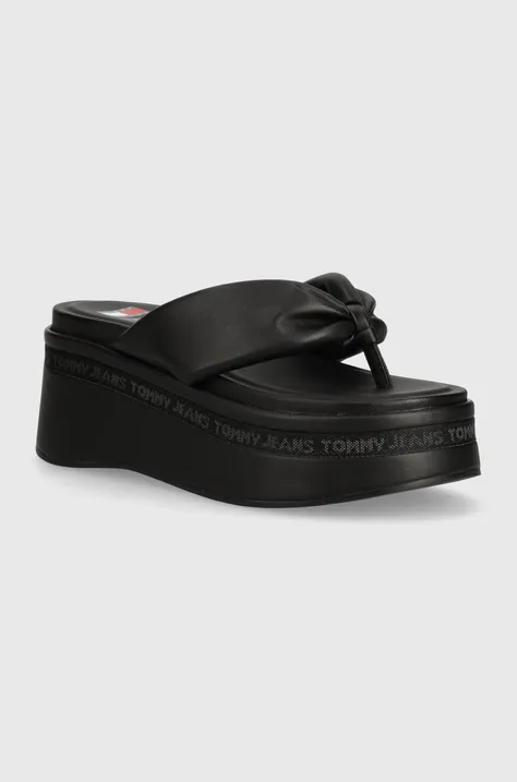 Japonke Tommy Jeans TJW WEDGE SANDAL ženske, črna barva, EN0EN02457