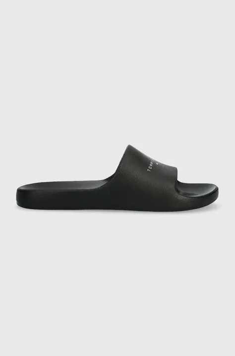 Pantofle Tommy Jeans TJW PRINTED PU POOL SLIDE dámské, černá barva, EN0EN02693