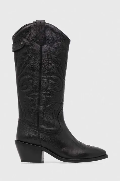 Kožené kovbojské topánky Pepe Jeans APRIL BASS dámske, čierna farba, na podpätku, APRIL BASS