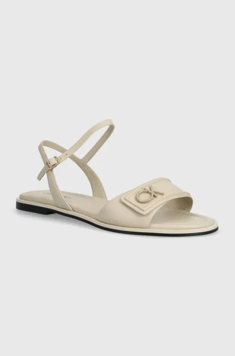 Kožené sandály Calvin Klein FLAT SANDAL RELOCK LTH dámské, béžová barva, HW0HW01942