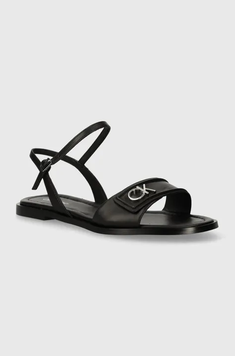 Usnjeni sandali Calvin Klein FLAT SANDAL RELOCK LTH ženski, črna barva, HW0HW01942