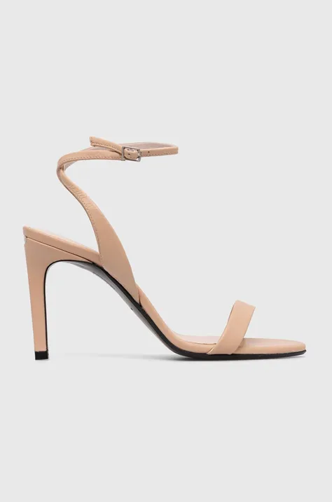 Calvin Klein sandały skórzane HEEL SANDAL 90 LTH kolor beżowy HW0HW01945