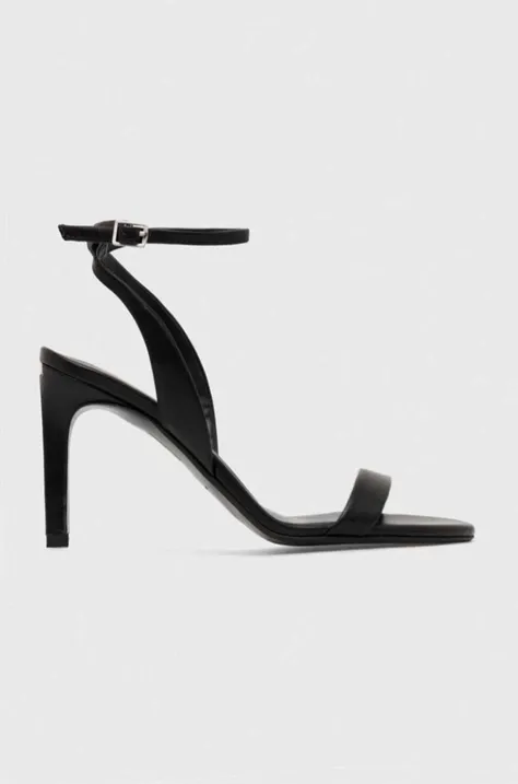 Usnjeni sandali Calvin Klein HEEL SANDAL 90 LTH črna barva, HW0HW01945