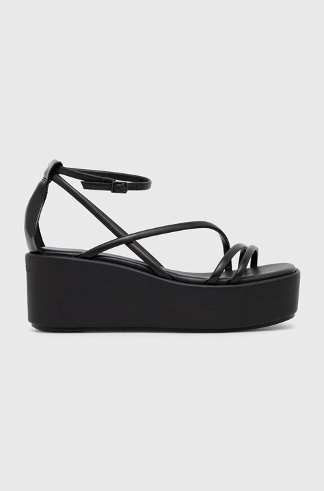 Calvin Klein sandale de piele WEDGE SANDAL 30 LTH femei, culoarea negru, cu platforma, HW0HW01949