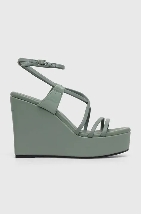 Usnjeni sandali Calvin Klein WEDGE zelena barva, HW0HW01952